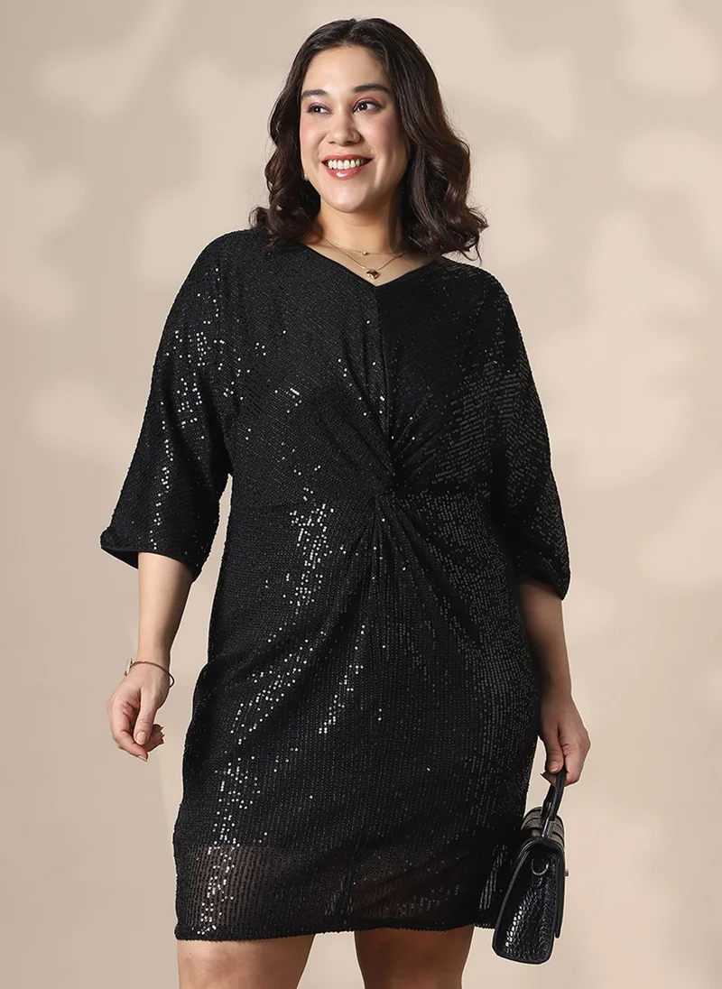 globus Globus Gloplus Women Black V-Neck Extended Sleeves Twisted Detail Sequinned Mini Sheath Plus size Party Dress